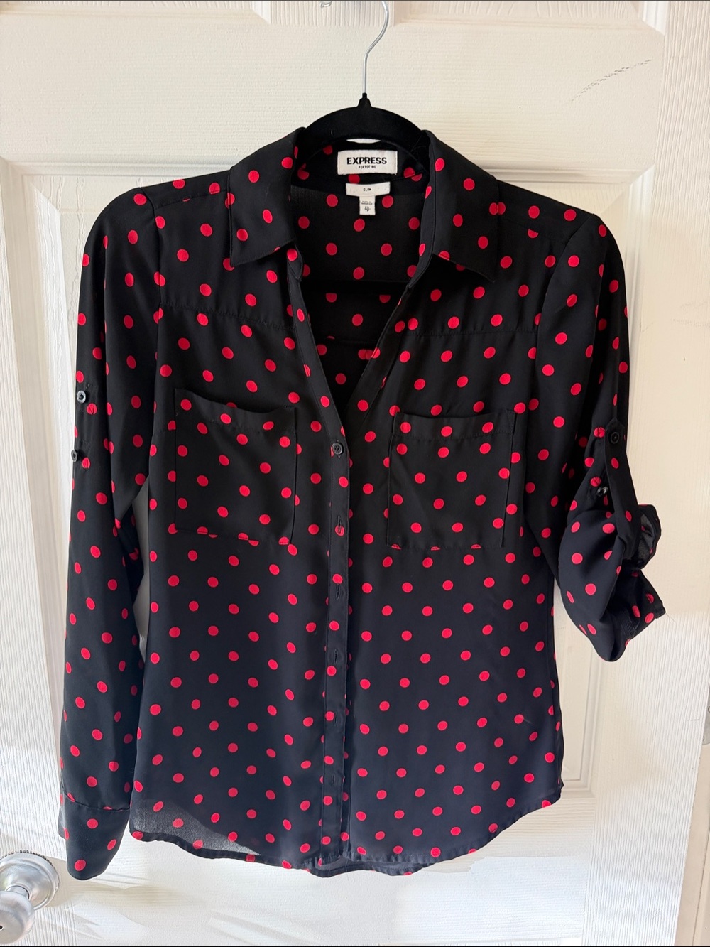 Express Slim Fit Black Button-Down Shirt with Red Polka Dots